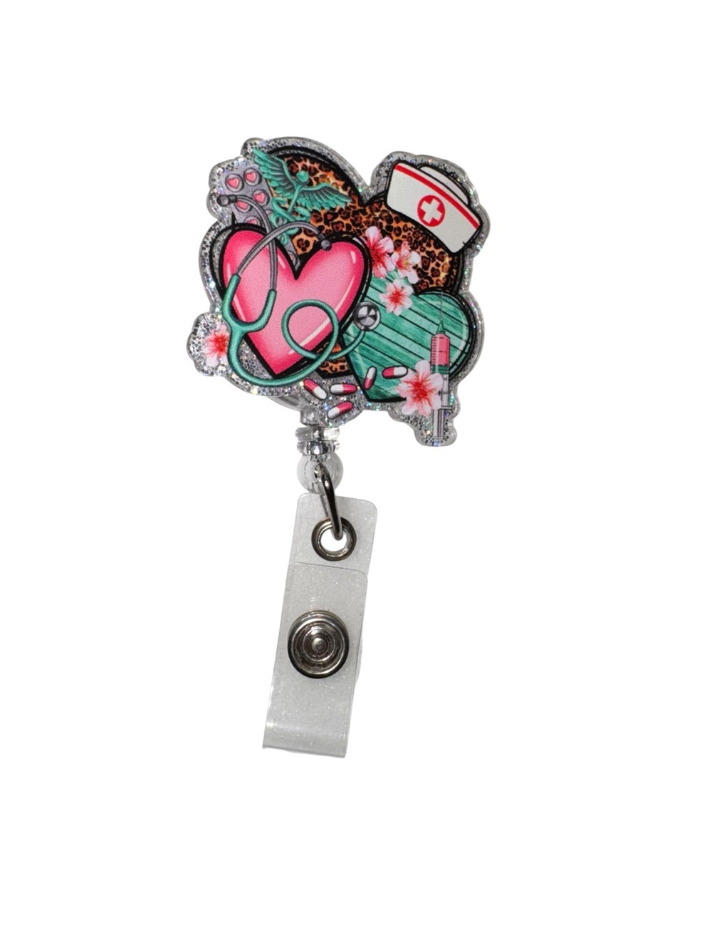 Nurse Badge Reel with Pink Heart and Teal Stethoscope